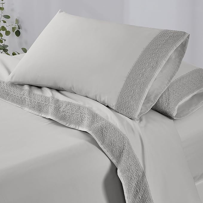 Modern Threads 3 Piece Microfiber Sheet Set – Soft Cooling Bed Sheets with Crochet Lace – Deep Pocket, Wrinkle Free, Breathable, Hotel Luxury Bedding, Light Gray, Twin