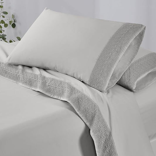 Modern Threads 3 Piece Microfiber Sheet Set – Soft Cooling Bed Sheets with Crochet Lace – Deep Pocket, Wrinkle Free, Breathable, Hotel Luxury Bedding, Light Gray, Twin