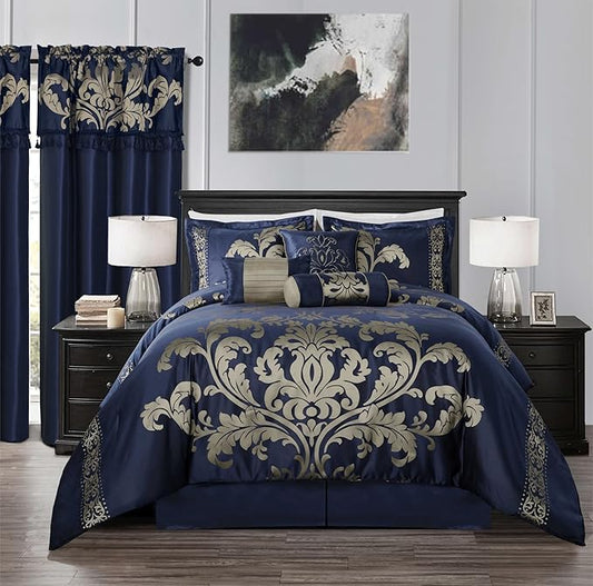 Chezmoi Collection 7-Piece Jacquard Floral Comforter Set (Queen, Navy/Gold)