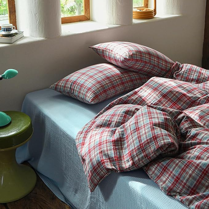 EAVD Vintage Style Red&Blue Gingham Duvet Cover Queen Soft 100% Cotton Muslin Yarn-Dyed Textured Retro Grid Plaid Bedding Set Reversible British-Style Gingham Bedding Set with Zipper Closure