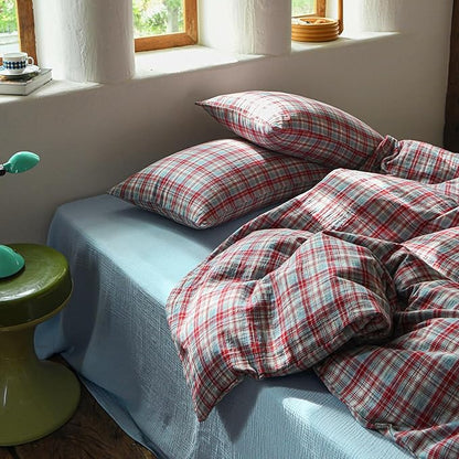 EAVD Vintage Style Red&Blue Gingham Duvet Cover Queen Soft 100% Cotton Muslin Yarn-Dyed Textured Retro Grid Plaid Bedding Set Reversible British-Style Gingham Bedding Set with Zipper Closure