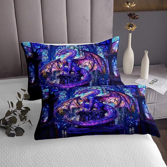 Western Dragon Kids Bedspread Twin Size,Flying Wing Purple Dragon Coverlet Set,Boys Girls Room Decor,Castle Tale Trippy Animal Geometric Quilted Coverlet,Blue Christmas Bedding Quilt,1 Pillowcase