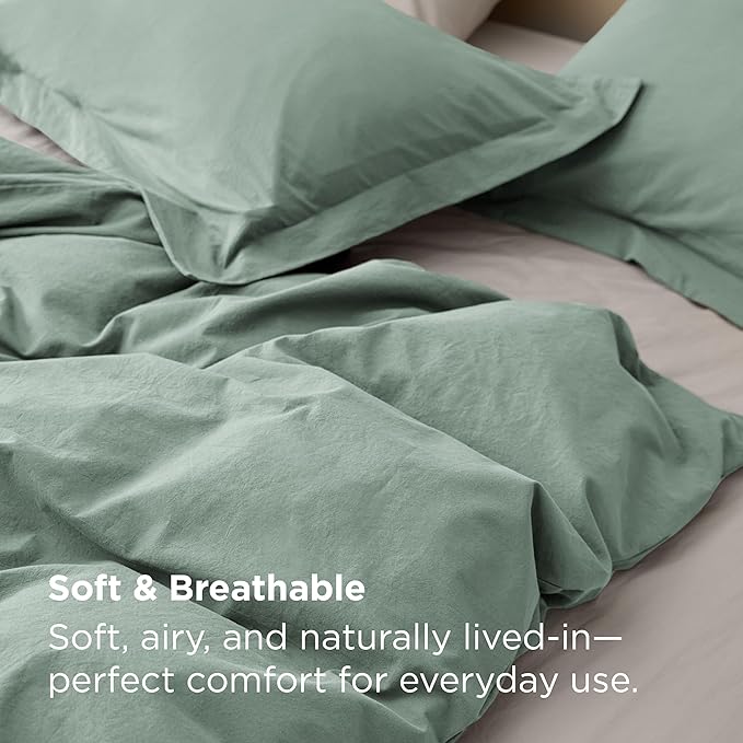 Bedsure 100% Washed Cotton Duvet Cover Queen Size - Iceberg Green Minimalist Bedding Set Linen Like - PureWoven Plain Simple & Soft Comforter Cover for All Seasons (Iceberg Green, Queen, 90"x90")
