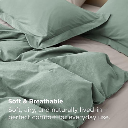 Bedsure 100% Washed Cotton Duvet Cover King Size - Iceberg Green Minimalist Bedding Set Linen Like - PureWoven Plain Simple & Soft Comforter Cover for All Seasons (Iceberg Green, King, 104"x90")