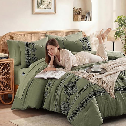 MaiRêve Queen Size Comforter Set Olive Green, Embroidery Floral Western Boho Bedding Set, All Season 7 Pieces Bed in a Bag with Sheets, Pillowcases & Shams