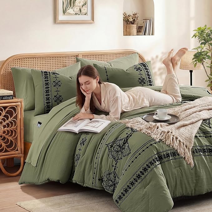 MaiRêve Full Size Comforter Set Olive Green, Embroidery Floral Western Boho Bedding Set, All Season 7 Pieces Bed in a Bag with Sheets, Pillowcases & Shams