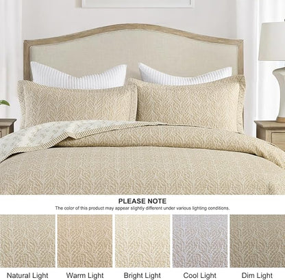 SahSahCasa Quilt Set King Size, 100% Cotton Quilt Bedding Set Bedspread, Botanical Pattern Solid Color Chic Lightweight Quilted Comforter for King Bed, White/Oatmeal, All Season, 3 Pieces