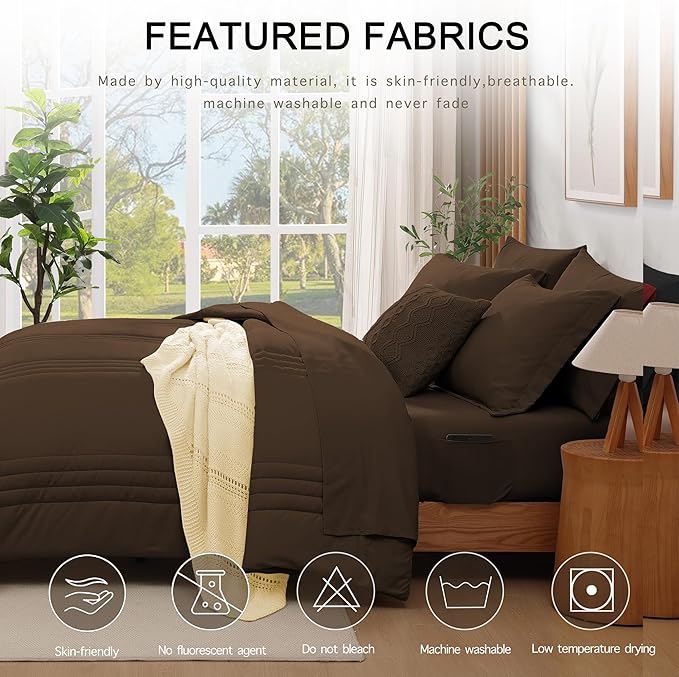 Monbix Full Comforter Set - 7 Pieces Chocolate Brown Bed in a Bag Full Size Bedding Sets with Comforters, All Seasons Comforter with Sheets, Pillowcases & Shams