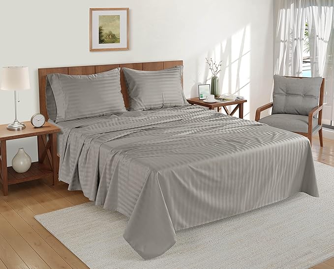 LANE LINEN Striped Sheets Set - 100% Egyptian Cotton 4 Piece Bed for King Size Hotel Bedding & Pillowcases 16" Deep Pocket (Fits Upto 17" Mattress) Silver