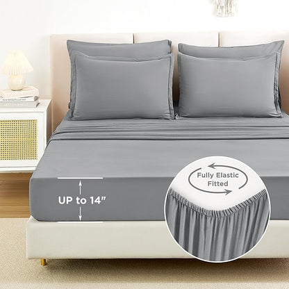 Litanika Full Size Comforter Sets Medium Gray - 7 Pieces Bed in a Bag Full Bedding Comforter Sets, Solid Lightweight Bed Set with Comforter, Sheets, Pillowcases & Shams