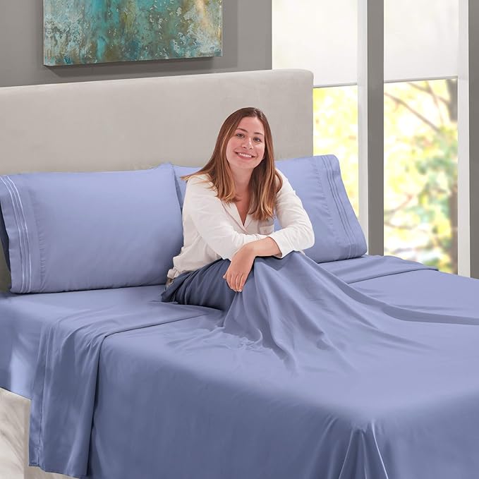 Nestl Full Sheet Set - Luxury 1800 Ultra-Soft Microfiber Full Bed Sheets - Double Brushed - Deep Pockets - Easy Fit - 4 Piece Set - Bedding Sheets & Pillowcases (Full, Stone Blue)