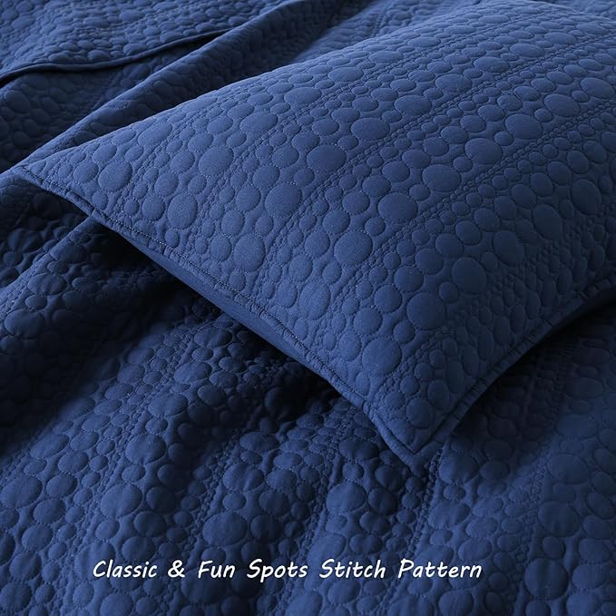 HORIMOTE HOME Quilt Set Twin Size Navy Blue, Classic Geometric Spots Stitched Pattern, Pre-Washed Microfiber Chic Rustic Look, Ultra Soft Lightweight Quilted Bedspread for All Season, 2 Pieces