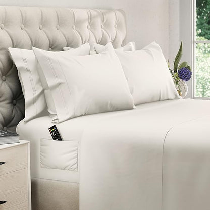 DREAMCARE California King Sheet Sets – 6 pcs Cooling Bed Sheets – up to 15” Deep Cal King Sheets – 2500 Supreme Collection – Extra Soft 100% Brushed Microfiber Hotel Luxury with Side Pocket – Ivory