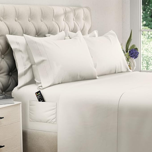 DREAMCARE California King Sheet Sets – 6 pcs Cooling Bed Sheets – up to 15” Deep Cal King Sheets – 2500 Supreme Collection – Extra Soft 100% Brushed Microfiber Hotel Luxury with Side Pocket – Ivory