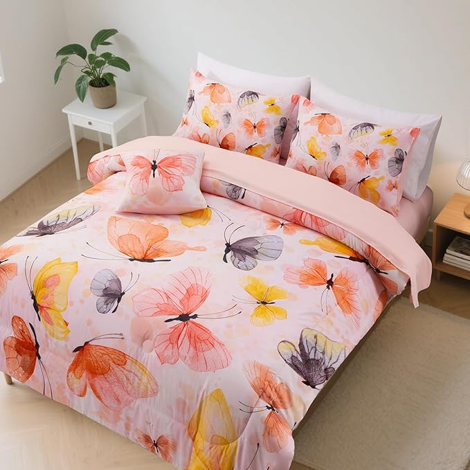 A Nice Night 6pcs Bed in A Bag Watercolor Ink Wash Tie-Dye Butterfly Printed, Butterflies Bedding Comforter Set, Orange Full