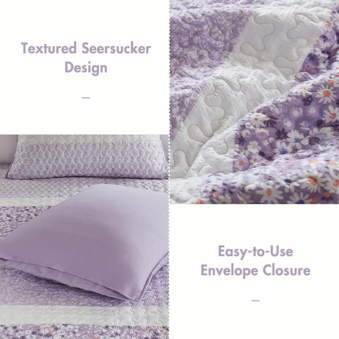 Madison Park Quilt Set, Seersucker Floral Coverlet for Queen Size Bed, All Season Lightweight Bedding, Farmhouse Quilt Set, Vermicelli Quilting, Throw Pillow, Caralie, King/Cal King Purple 4 Piece