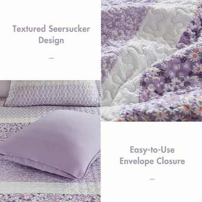 Madison Park Quilt Set, Seersucker Floral Coverlet for Queen Size Bed, All Season Lightweight Bedding, Farmhouse Quilt Set, Vermicelli Quilting, Throw Pillow, Caralie, King/Cal King Purple 4 Piece