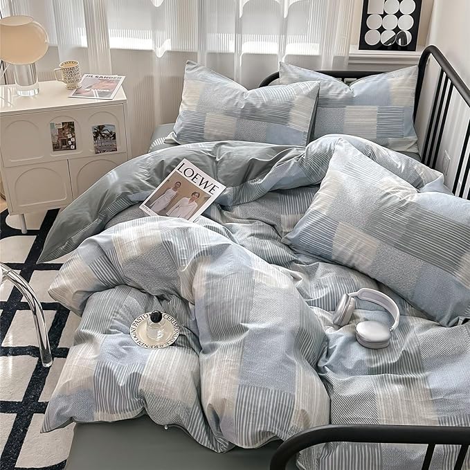 mixinni King Comforter Set Soft Aesthetic Blue Geometric Checkered Plaid Printed Bedding Comforter for Men Boys, 1 Soft Microfiber Reversible Comforter with 2 Pillowcases for All Seasons