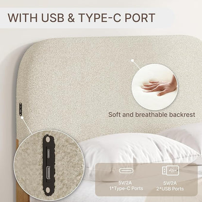 KISLOT Wood Bed Frame with USB & Type-C, Boucle Headboard, Oat, King | Platform Bed, Mattress Foundation, No Box Spring Needed, Easy Assembly