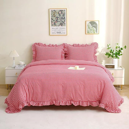 Red/White Checkered Ruffle 3-Piece Duvet Cover Set Queen Size,Washed Cotton Shabby Gingham Plaid Bedding Set Farmhouse Comforter Set(Queen,Red)