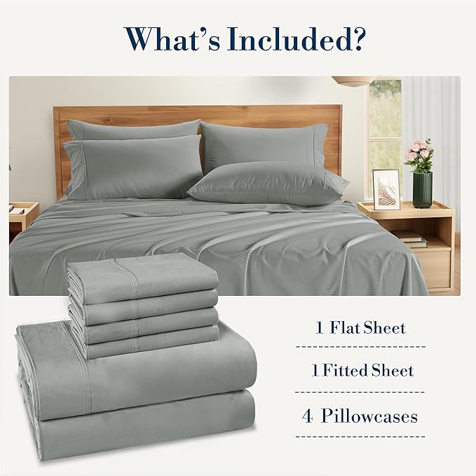 Casa Platino Bed Sheets King – 100% Cotton King Size Bed Sheet Set with 4 Pillowcases, Cool and Soft Percale Fabric, Ideal for All-Season Comfort, Ultra Soft with 15" Deep Pocket Fitted Sheet – Grey
