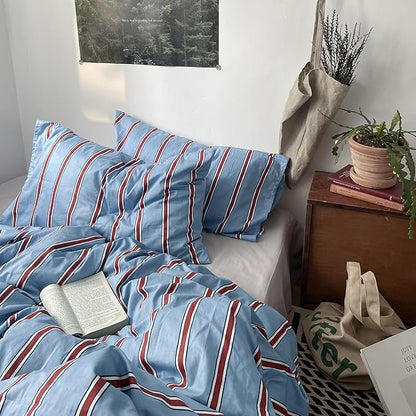 mixinni Vintage Striped Blue Duvet Cover Twin XL - 100% Cotton Red Stripes 3-Piece Bedding Duvet Cover Set with Zipper Closure, Soft & Breathable Retro Design for All Seasons (Twin XL Size)