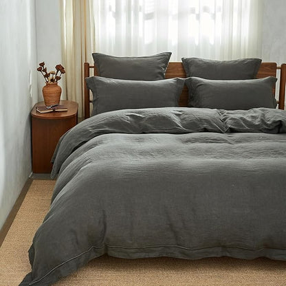 Simple&Opulence 100% Washed Linen Duvet Cover with Embroidered, 3 Pieces Soft Farmhouse Comforter Set with Button Closure,1 Duvet Cover and 2 Pillowshams(Queen,Charcoal Grey)