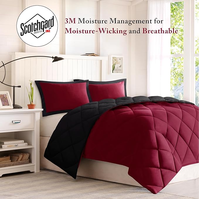 Madison Park Comforter Set, Reversible Down Alternative All Season Microfiber Bedding, 3M Scotchgard Stain Release, Full/Queen Dorm Comforter, Red/Black