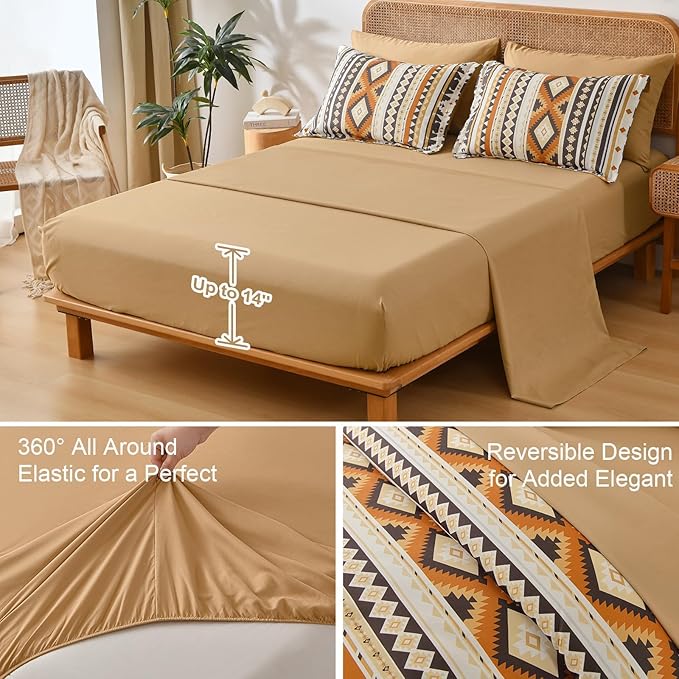 Dinjoy Comforter Set Queen Size Boho,Yellow Brown 7 Pieces Bed in a Bag Queen Fall Bedding Sets Aztec Comforters with Sheets Western Striped Complete Set for Winter Family 90"x90"