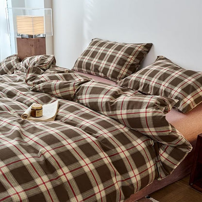 EAVD Vintage Brown Buffalo Plaid Comforter Set Queen Soft 100% Washed Cotton Brown&Red&Green Grid Checkered Bedding Set with 2 Pillowcases Retro Gingham Comforter Set for All-Season