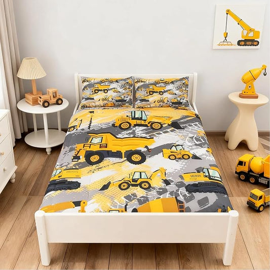 Feelyou Kids Construction Comforter Set Toddler Size Bedding Sets for Boys Children Cartoon Excavator Tractor Comforter Set Construction Machinery Truck Duvet Set Baby Boys Vehicles Cars Bed Set