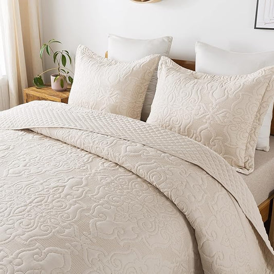 Travan 3-Piece Queen Quilt Set Quilted Bedspread Oversized Microfiber Lightweight Bedspread Coverlet Set with Shams Bedding Set for All Season, Beige, Queen Size