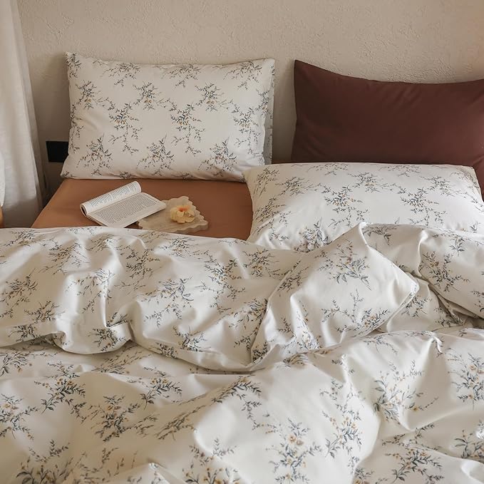 Floral Bed Comforter King 100% Cotton Down Alternative Bedding Set Boho Girls Farmhouse Vintage Bedding Comforter Sets Fluffy All Season Lightweight Women Bed Comforter with 2 Pillowcases