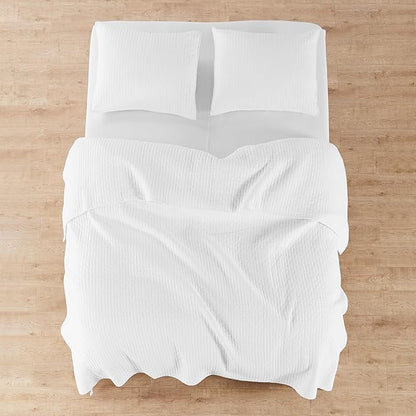 Levtex Home Cross Stitch Reversible Twin Bedspread Set (84x104in) with 1 Pillow Sham (26x20in) - Stitch Texture - Bright White - Cotton Twin Size Bedspread Set - Lightweight, Soft, Pre-Washed