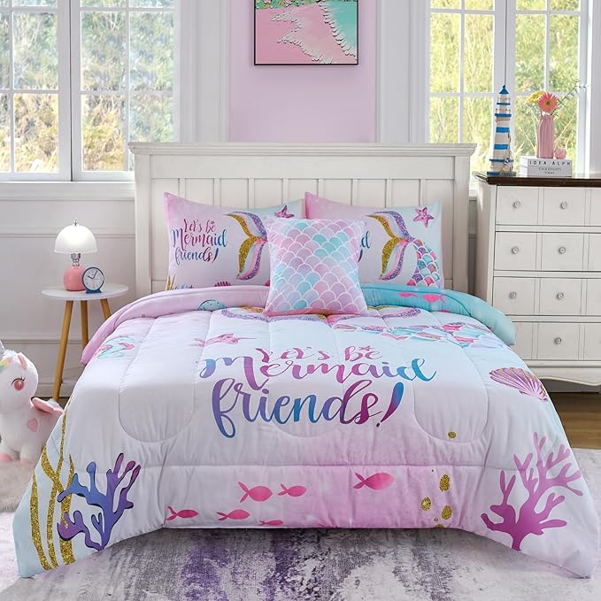 Cokouchyi Full Size Comforter Set for Girls, 6-Piece Bed in a Bag, 3D Colorful Mermaid Bedding Comforter Sheet Set, Ultra Soft and Fluffy, Mermaid