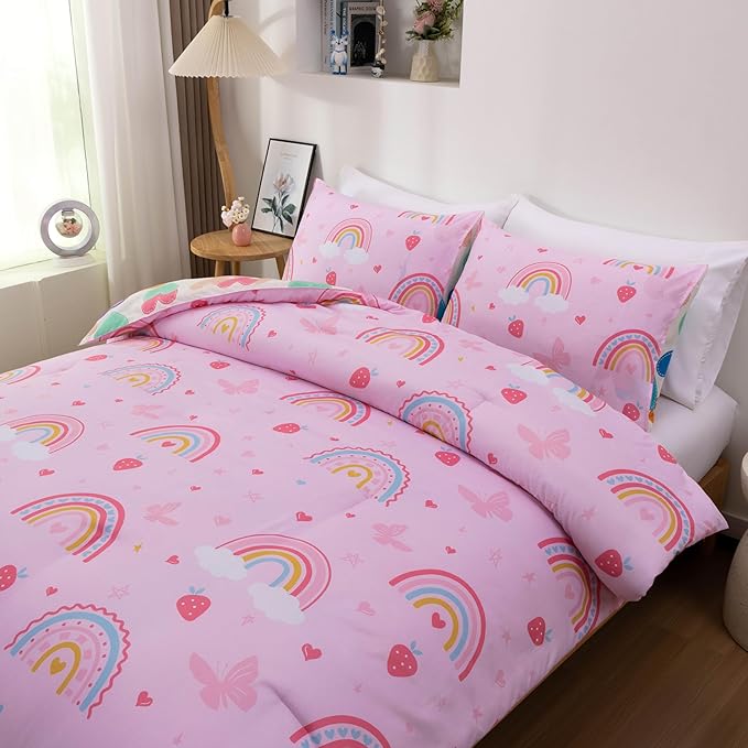 Btargot Lightweight Soft 3 Piece Rainbow Comforter Set with 2 Pillow Covers, Cartoon Butterfly Leaves Flowers Bedding Set for Girls Boys Kids, Full Pink