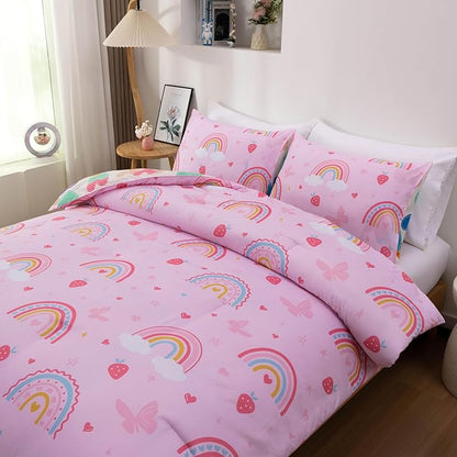 Btargot Lightweight Soft 3 Piece Rainbow Comforter Set with 2 Pillow Covers, Cartoon Butterfly Leaves Flowers Bedding Set for Girls Boys Kids, Full Pink