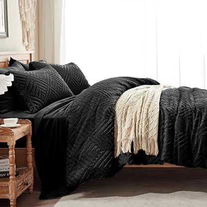 Zzlpp Twin Comforter Set 5 Pieces, Black Tufted Bed in a Bag with Comforter and Sheets, All Season Boho Bedding Sets with 1 Comforter, 1 Pillow Sham, 1 Pillowcase, 1 Flat Sheet, 1 Fitted Sheet