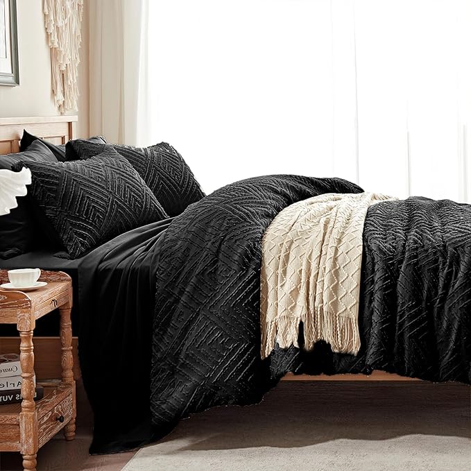 Zzlpp King Comforter Set 7 Pieces, Black Tufted Bed in a Bag with Comforter and Sheets, All Season Boho Bedding Sets with Comforter, 2 Pillow Shams, 2 Pillowcases, 1 Flat Sheet, 1 Fitted Sheet