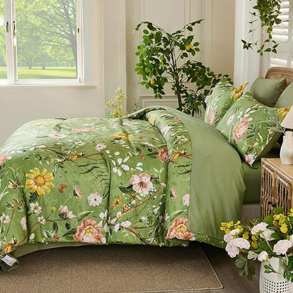 Yiran Sage Green Hibiscus Floral Comforter Set Queen Size, 7 Piece Bird Flowers Botanical Comforter Bedding Set, Vintage Bed in a Bag, Soft Microfiber Complete Bedding Set with Sheets for All Season