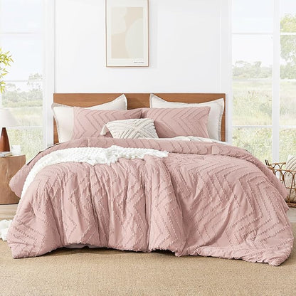 Litanika Blush Pink Queen Size Comforter Sets, 3 Pieces Lightweight Chevron Tufted Bedding Comforter Set, Fluffy Down Alternative Comforter Bed Set Gift Choice (90x90In Comforter and 2 Pillowcases)