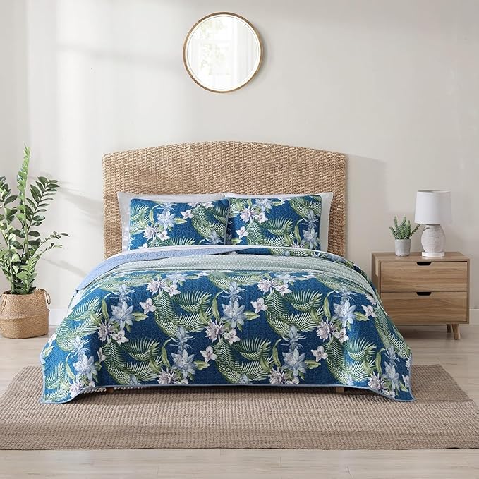 Tommy Bahama - King Quilt Set, Reversible Cotton Bedding with Matching Shams, Medium Weight, Oeko-Tex Certified (Southern Breeze Dark Blue)