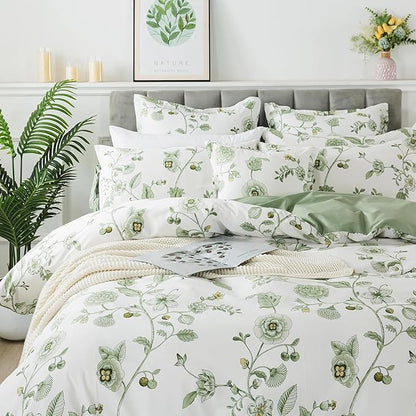 FADFAY Green Duvet Cover Set Twin Floral Bedding 100% Cotton Shabby Vintage Reversible Zipper Farmhouse Comforter Cover Flower Print Bed Covers Girls Kids Pretty Bowknot Soft Breathable 3Pcs