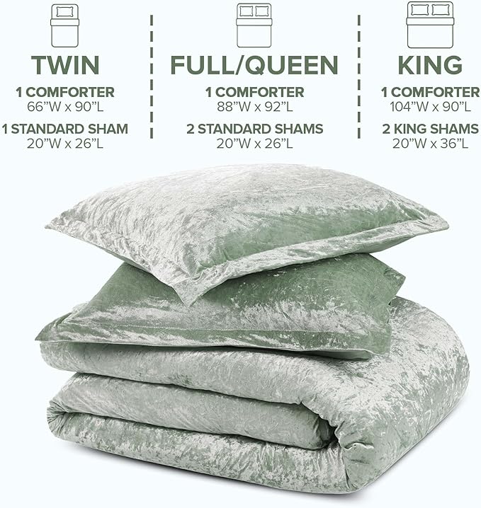 Comfort Spaces Luxe King Comforter Set - Velvet Microfiber Reverse, Juliette, All Season Bedding, Fluffy Sham, Sage Green 3 Piece