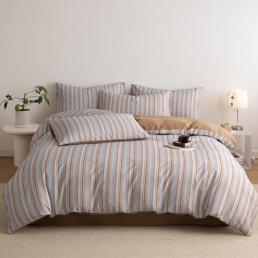 Striped Twin Duvet Cover Light Blue Caramel Brown Twin Comforter Cover Cotton Boho Soft Vintage Duvet Cover Set with 2 Pillow Cases Vertical Stripe Bedding Set Pattern Duvet Protector