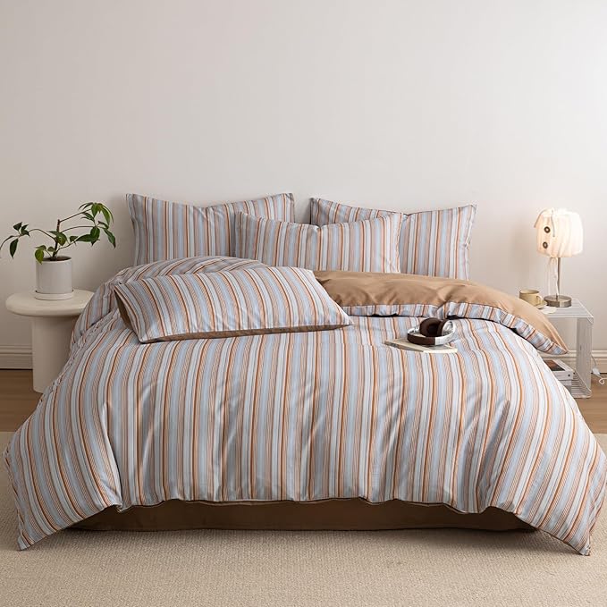 Striped Duvet Cover Full Light Blue Caramel Brown Comforter Cover Full Size Cotton Boho Soft Vintage Duvet Cover Set with 2 Pillow Cases Vertical Stripe Bedding Set Pattern Duvet Protector