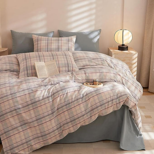 HighBuy Full Comforter Set Pink Blue Gingham Comforter for Women Boys Geometric Plaid Comforter Set Grid Checkered Pattern Comforter with 2 Pillowcases Fluffy Bedding Set Full