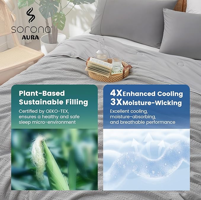 Amélie Home Waffle Cooling Comforter Twin Size, Q-Max 0.45 Reversible Lightweight Cooling Blanket for Hot Sleepers, Breathable Bedding for Night Sweats, 68"x90", Cool Gray