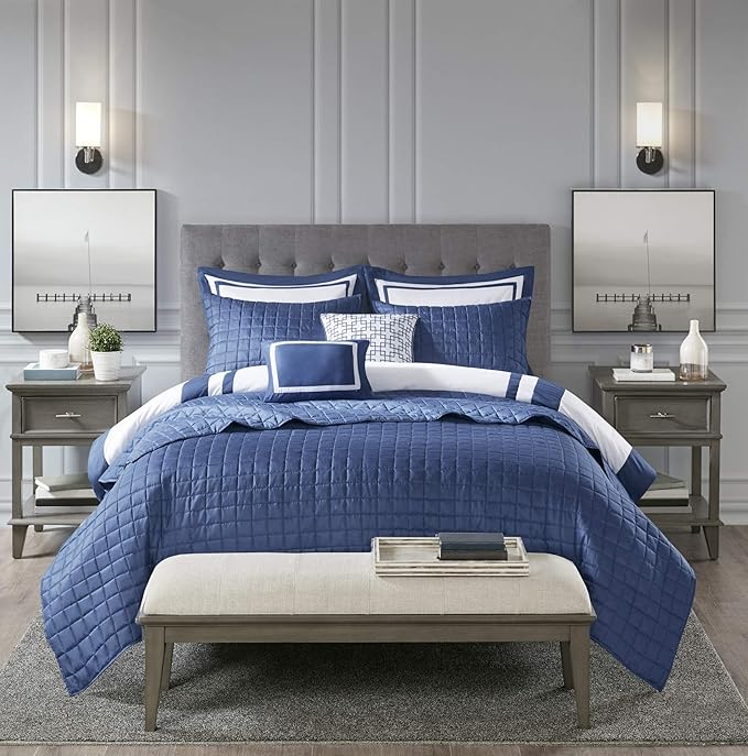 Madison Park Heritage Comforter Quilt Combo Set - Modern Luxury Design, All Season Down Alternative Bedding, Matching Shams, Decorative Pillows, Full/Queen(90"x90"), Color Block Navy 8 Piece