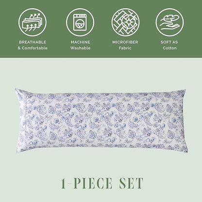 Elegant Comfort Ultra Soft 1-Piece Set Floral Print Pillowcases - 1500 Premium Hotel Quality Microfiber, Soft and Smooth Hidden Zipper Closure 1-Piece Pillow Covers - Body Pillowcase, Paisley Indigo